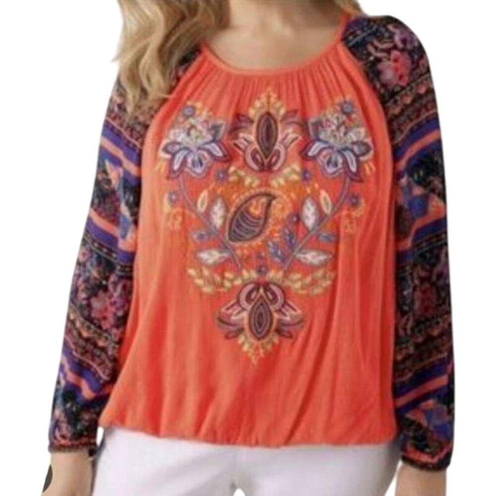 Soft Surroundings Blame Rio Floral Embroidered Raglan Sleeve Boho Top